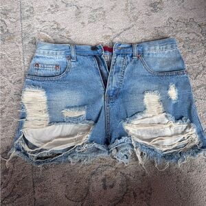 Signature8 Light Blue Distressed High-Rise Jean Shorts